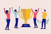Illustration of team members cheering around a trophy