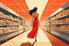Illustration of a woman in flowing orange dress walking down supermarket aisle like a catwalk