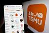 Temu-phoning-showing-product-selection-against-background-with-logo