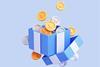 Illustration of a blue gift box containing gold and silver tokens
