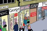 Retail Week cartoonist Patrick Blower’s take on fashion entrepreneur George Davies’ latest retail proposition FG4 preparing to open stores.