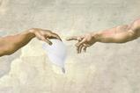Image recreating the hands from Michaelangelo's painting The Creation of Adam, but the two hands are passing a white baseball cap