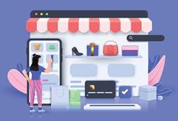 Illustration of a woman shopping on an oversized mobile phone with a shopfront on a computer screen behind it