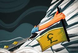 Illustration showing a man climbing a mountain, passing a flag with a pound sign on it
