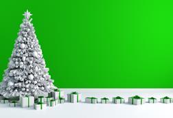 Christmas tree with presents underneath against green background