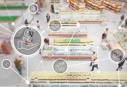 Supermarket scene with illustration of connective technology overlaid over image