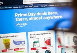 Computer screen showing Amazon website advertising Prime Day deals