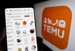 Temu-phoning-showing-product-selection-against-background-with-logo