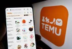 Temu phone showing product selection against background with logo