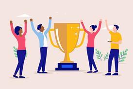 Illustration of team members cheering around a trophy