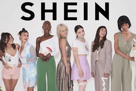 Eight models and a llama in front of a Shein banner