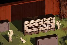 Illustration – grave stone made to look like office building, with hands coming out of earth