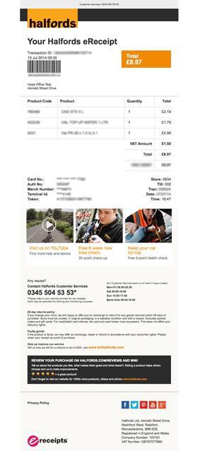 Halfords include instructional content on their digital receipts based on shoppers purchases.