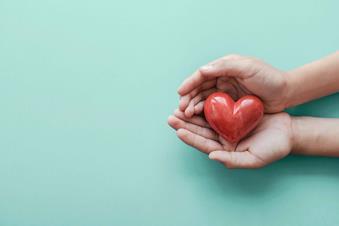 Two hands cupping a red wooden heart, shown from above