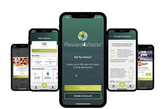 Five mobile phones showing screenshots from the Reward4Waste app