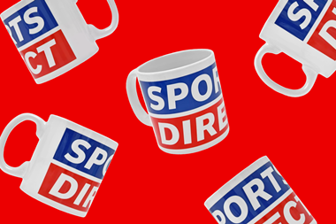 Three Sports Direct mugs on a red background