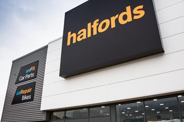Exterior of Halfords Derby store showing fascia