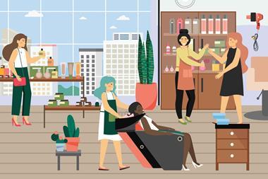 Illustration showing women in a beauty shop, one woman having her hair shampooed and the others looking at products
