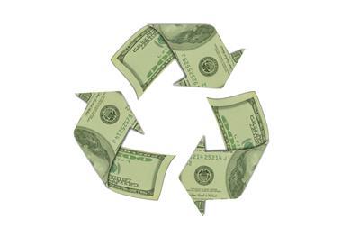 Recycling symbol made out of cash