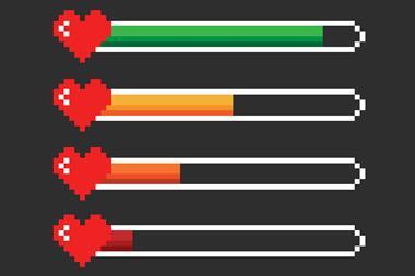 Computer game health bars indicated by hearts and decreasing levels