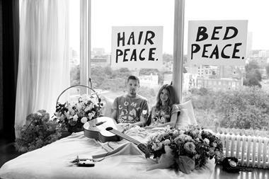 Professor Green and his wife Millie MacIntosh recreate the iconic image of John Lennon and Yoko Ono's 1969 bed-in