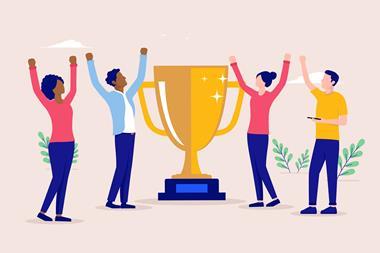 Illustration of team members cheering around a trophy