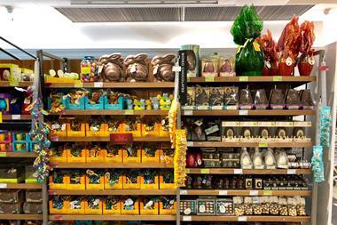 Supermarket display of Easter eggs on shelves