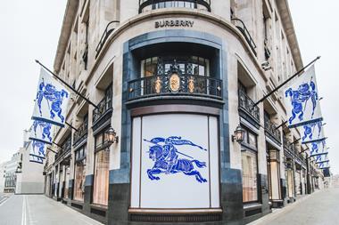 Branded flags outside Burberry Regent Street store