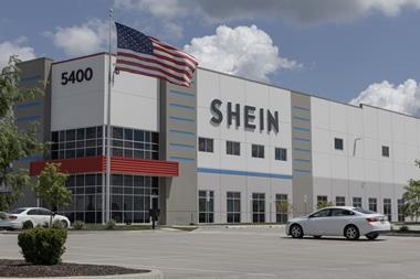 Shein distribution centre with US flag outside