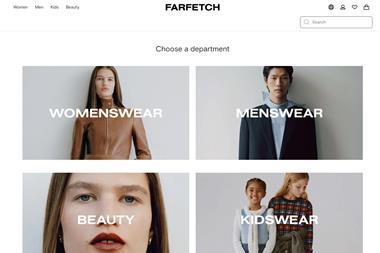 Farfetch homepage showing menswear, kidswear, beauty and womenswear