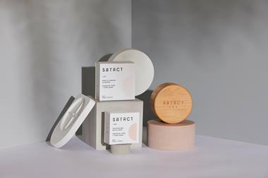 Styled photograph of SBTRCT beauty products, including cleanser and facial balm