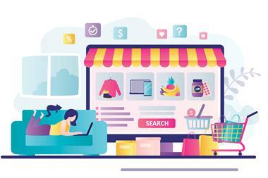 Illustration of a computer marketplace with a woman browsing on her sofa
