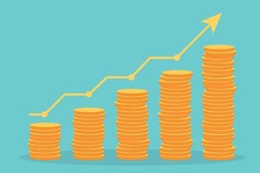 Illustration in which the bars of a chart are represented by stacks of money and an arrow pointing upwards