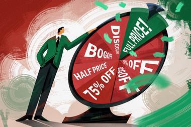 Illustration of a man in a suit spinning a wheel that lists several promotions alongside 'Full price!'