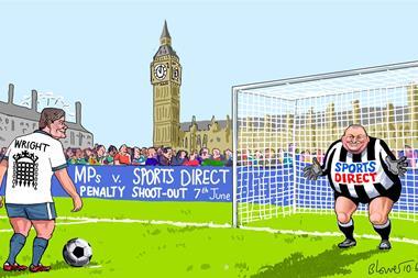 Retail Week cartoonist Patrick Blower’s take on the Sports Direct founder’s Parliament grilling over practices in his Shirebrook warehouse.