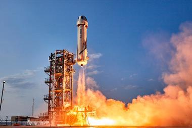 Amazon Blue Origin's New Shepard rocket taking off