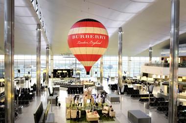 Burberry's hot air balloon and pop-up store at Heathrow Airport.