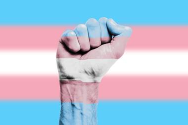 A raised fist painted pink, white and blue in front of transgender pride flag