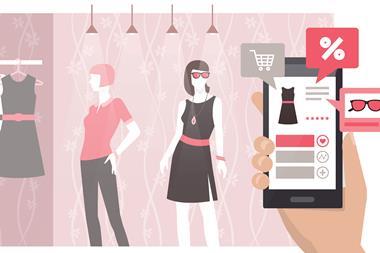 Illustration of customer using smartphone in fashion shop index