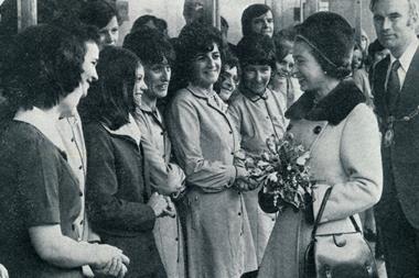 Store staff at Marks & Spencer’s Basingstoke branch meet Her Majesty in December 1973