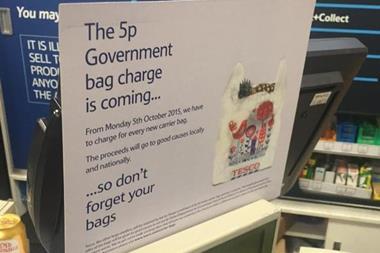 Signage has gone up in supermarkets, including Tesco, to warn customers of the impending 5p charge per plastic carrier bag.
