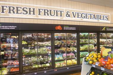 The fresh fruit and veg chiller units at the front of the store