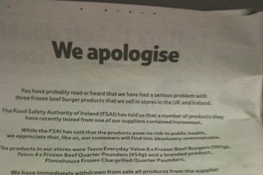 Tesco apologised in national newspapers this morning for the horse meat found in its beef burgers