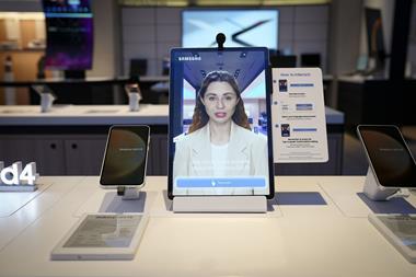 AI sales expert on tablet screen in Samsung store
