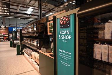 M&S mobile payment ad in store, which reads 'Scan & Shop'