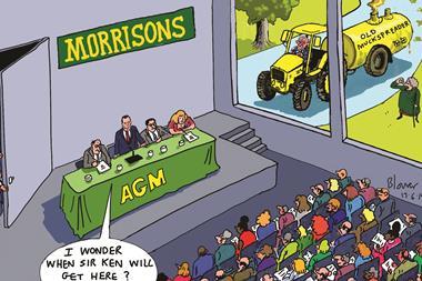 Retail Week’s cartoonist Patrick Blower’s takes on Sir Ken’s muckspreading comment on Dalton Phillips’ presentation at Morrisons’ AGM.