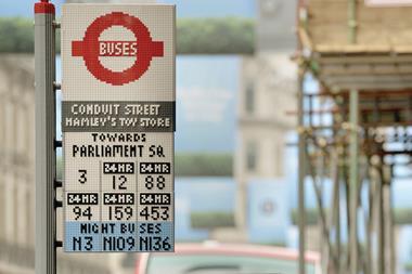A Lego bus stop is built on Regent's Street, London, in conjunction with Hamley's Toy Store.