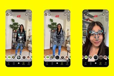 Three images of H&M and Snapchat's augmented reality app, showing a woman experimenting with it