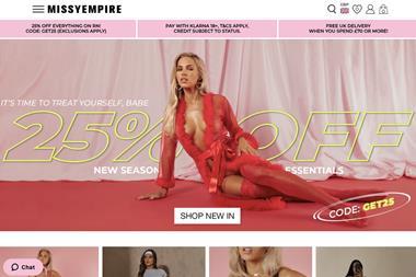 Missy Empire website screengrab showing model in lingerie
