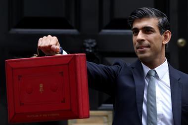 Rishi Sunak holding the red box outside 11 Downing Street, ahead of the Budget 2021